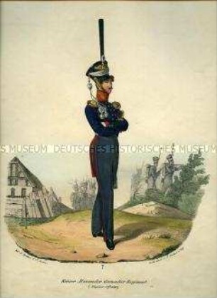 Uniformdarstellung, Offizier des Grenadier-Regiments Kaiser Alexander, Preußen 1830. Aus: Elzholz u.a.: Das Preussische Heer. Tafel 7.
