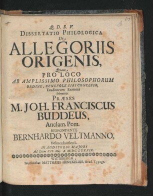 Dissertatio Philologica De Allegoriis Origenis