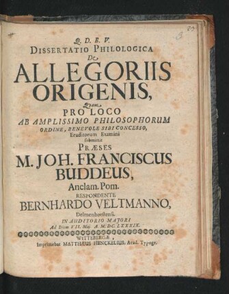 Dissertatio Philologica De Allegoriis Origenis