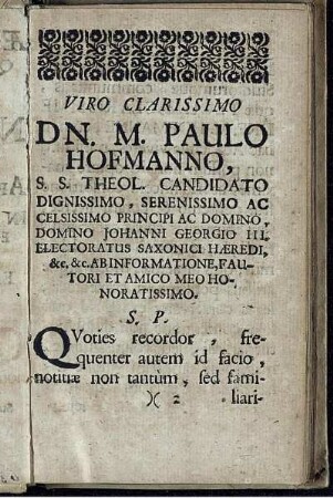 Viro Clarissimo DN. M. Paulo Hofmanno.