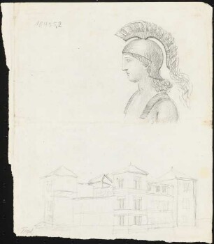 Schlösschen Tegel, Berlin: Profilansicht Athene mit Helmbusch, perspektivische Ansicht Schloss Tegel