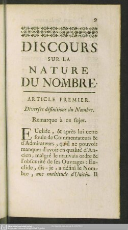 Article Premier. Diverse définitions du Nombre