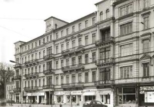 Dresden-Neustadt, Bautzner Straße 23/25. Doppelwohnhaus mit Läden (1877). Straßenansicht