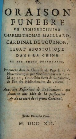 Oraison funebre de ... Charles Thomas Maillard, Cardinal de Tournon