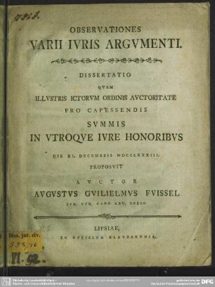 Observationes Varii Iuris Argumenti : Dissertatio