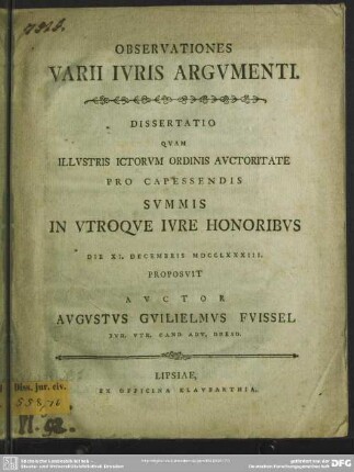 Observationes Varii Iuris Argumenti : Dissertatio