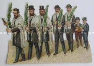 Jüdisches Oblatenbild mit der Darstellung von Männern mit Palmenwedeln oder Feststräußen (Lulaw) anl. des Laubhüttenfestes; um 1910