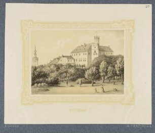 Das Schloss in Püchau (Machern-Püchau) nordwestlich von Wurzen, links der Kirchturm des Dorfes, aus dem Album der Rittergüter und Schlösser im Königreiche Sachsen, 1. Band
