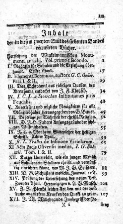 Inhalt der in diesem zweyten Stük des siebenten Bandes recensirten Bücher.