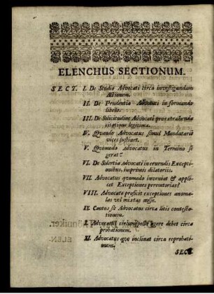 Elenchus Sectionum.