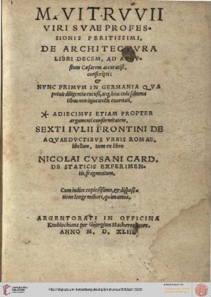 Band 1: M. Vitrvvii ... De architectvra libri decem: ad Augustum Caesarem accuratiß. conscripti & nunc primum in Germania ... exornati