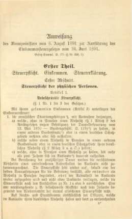 Anweisung des Finanzministers vom 5. August 1891 zur Ausführung des Einkommensteuergesetzes vom 24. Juni 1891