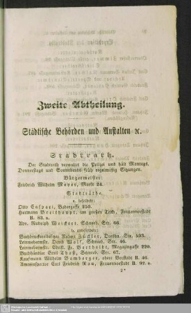 Zweite Abtheilung. Behördenverzeichnis : Zweite Abtheilung. Städtische Behörden und Anstalten etc.