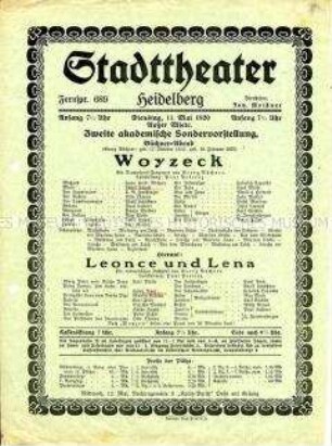 Theaterprogramm des Stadttheaters Heidelberg zu einer Aufführung der Theaterstücke "Woyzeck" und "Leonce und Lena"