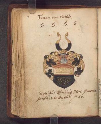 Siegfried Pfintzing, Bologna, 1586-12-12: Sentenz (lat.), Initialen, Widm. (lat.)