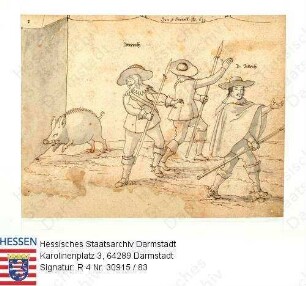 Jagd, Niddaer Sauhatz / Bild 83: Keiler schlägt drei Jäger in die Flucht / v.l.n.r. Jäger Itterrath, Jäger, Dr. [Helwig] Dieterich (1601-1655), vor Keiler fliehend