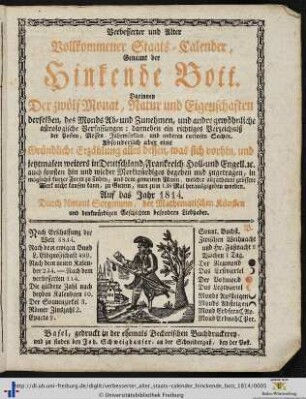 Verbesserter und alter, vollkommener Staats-Calender, genannt der Hinckende Bott: ... Auf das Jahr 1814