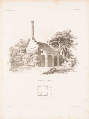 Schmiede, Neindorf: Grundriss, Perspektivische Ansicht (aus: Architektonisches Skizzenbuch, H. 12, 1853)