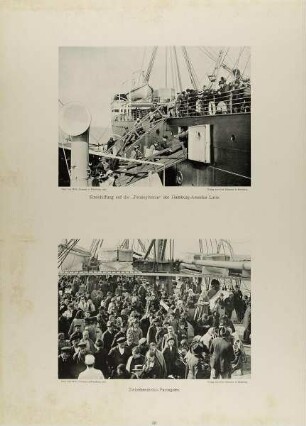 "Einschiffung auf die 'Pennsylvania' der Hamburg-Amerika Linie" und "Zwischendecks-Passagiere" aus der Mappe "Neue malerische Bilder aus der Freien und Hansestadt Hamburg und ihrer Umgebung"