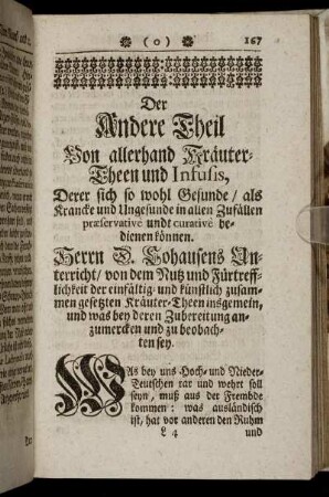 Der Andere Theil. Von allerhand Kräuter Theen und Infusis,...