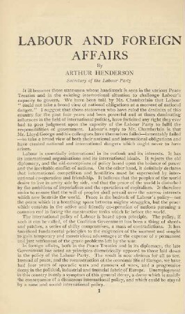 Labour And Foreign Affairs By Arthur Henderson Secretary of the Labour Party