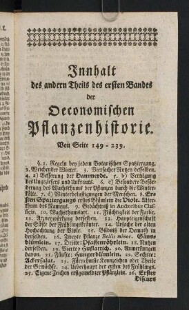 Innhalt des andern Theils des ersten Bandes der Oeconomischen Pflanzenhistorie