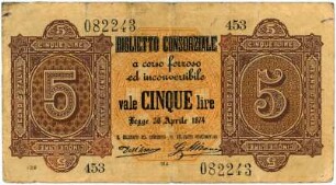 Geldschein, 5 Lire, 30.4.1874