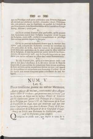 Num. V. Let. C. Piece troisiéme jointe au même Memoire ...