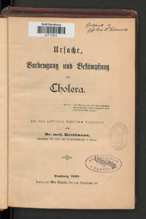 Ursache, Vorbeugung und Bekämpfung der Cholera : für das gebildete Publikum bearbeitet