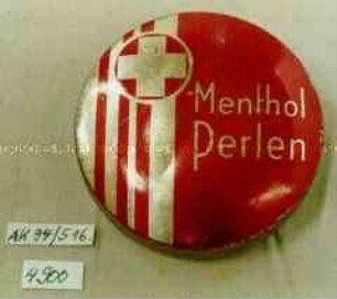 Blechdose für "Menthol Perlen" (Abbilung eines Kreuzes auf Streifenornament)
