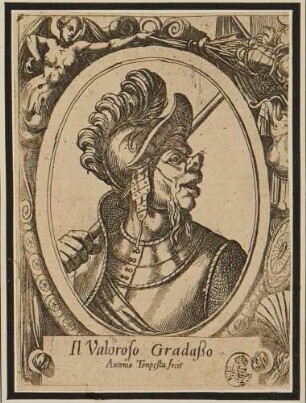 Il Valoroso Gradaßo (der wackere Gradasso), aus der Serie der grotesken Köpfe nach Ariosts "Orlando Furioso"