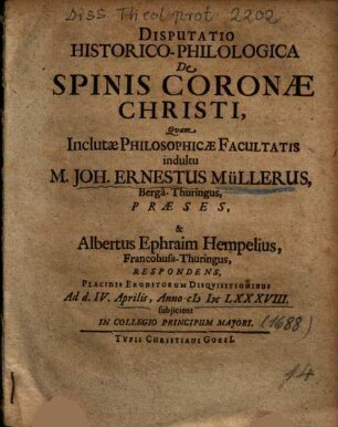 Disputatio Historico-Philologica De Spinis Coronae Christi