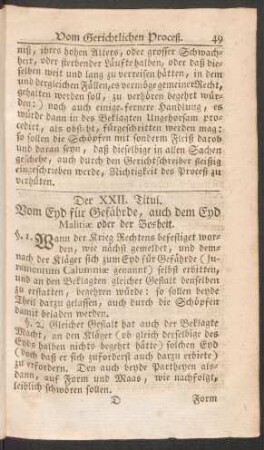 Der XXII. Titul. Vom Eyd für Gefährde, auch dem Eyd Malitiae oder der Bosheit