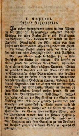 Rührende Geschichte der frommen Gräfin Itha v. Toggenburg, welche aus blinder Eifersucht von ihrem Gemahle in eine Tiefe von 400 Ellen geschleudert wurde, allda aber wunderbar errettet, und volle 17 Jahre in der Wildniß ihr Leben zubrachte : ein Seitenstück zu Genovefa