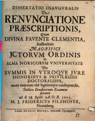 Dissertatio inauguralis de renunciatione praescriptionis
