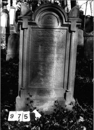 Grabstein 975 (Index: 99804022) Material: Sandstein Zustand: gut Maße HxBxT: 134x70x24 cm Beschreibung: Sockel, Stele mit verdachtem eingezogenem Rundbogen, Seitenakroterien, zwei Halbsäu Besonderheit: Endreim: Grabstein 975