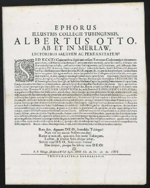 Ephorus Illustris Collegii Tubingensis, Albertus Otto, Ab Et In Merlaw, Lectoribus Salutem Ac Perennitatem!