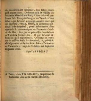Extrait Des Registres Du Parlement, Du vingt-six Octobre mil sept cent cinquante-deux