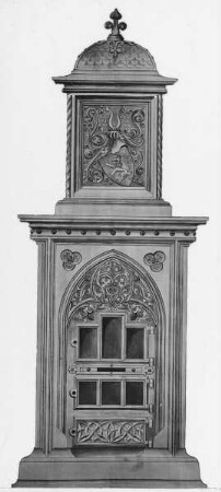 Ofen mit Maßwerk, Rankenornament und Wappen