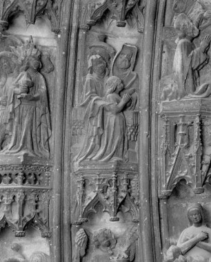 Portal mit Vorhalle — Linke Archivolten — Mittlere Archivolte — Joachim und Anna besuchen Maria im Tempel
