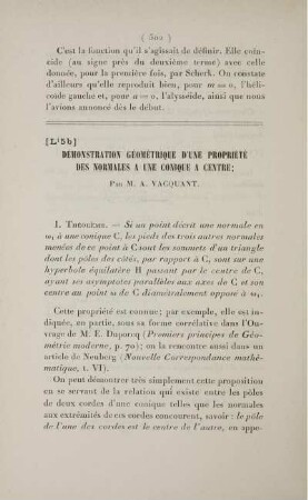 [L¹ 5b] Démonstration géométrique d'une propriéte des normales à une conique à centre.