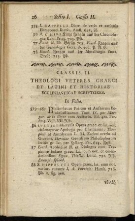 Classis II. Theologi veteres graeci et latini et historiae ecclesiasticae scriptores.