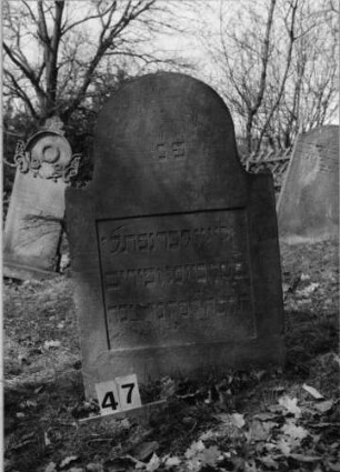 Grabstein 47 (Index: 100080794) Material: Sandstein Zustand: verwittert Maße HxBxT: 92x60x13 cm Beschreibung: Stele, eingezogener Rundbogenabschluß, eingetieftes Schriftfeld rechteckig: Grabstein 47