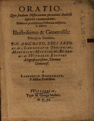 Oratio, Qua studium Historiarum juventuti [iuventuti] Studiosae historice commendatur