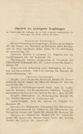 Übersicht der wichtigeren Vergiftungen