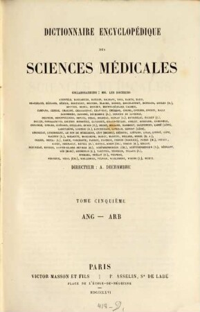 Dictionnaire encyclopédique des sciences médicales, 1,5. Ang - Arb