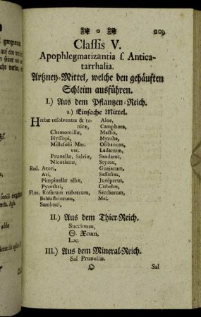 Classis V. Apophlegmatizantia s. Anticatarrhalia. Artzney-Mittel, welche den gehäuften Schleim ausführen.