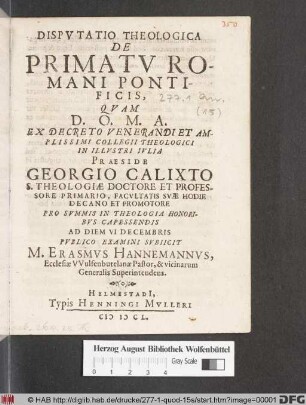 Disputatio Theologica De Primatu Romani Pontificis