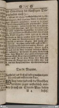 Die IV. Maxime. Tapfferkeit und Wissenschafften, machen eigentlich grosse und vollkommene Leute