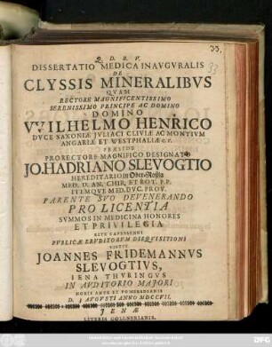 Dissertatio Medica De Clyssis Mineralibvs